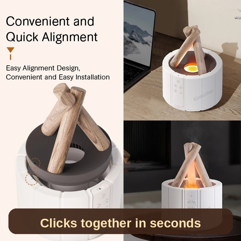 Easy to set up: the diffuser's magnetic alignment design clicks together in seconds - shown on a desk and a bedside table.