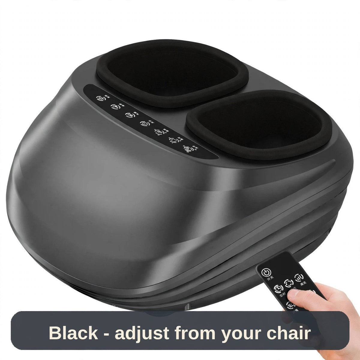 Foot massager in black with the remote shown - heat and intensity, adjusted from your chair.