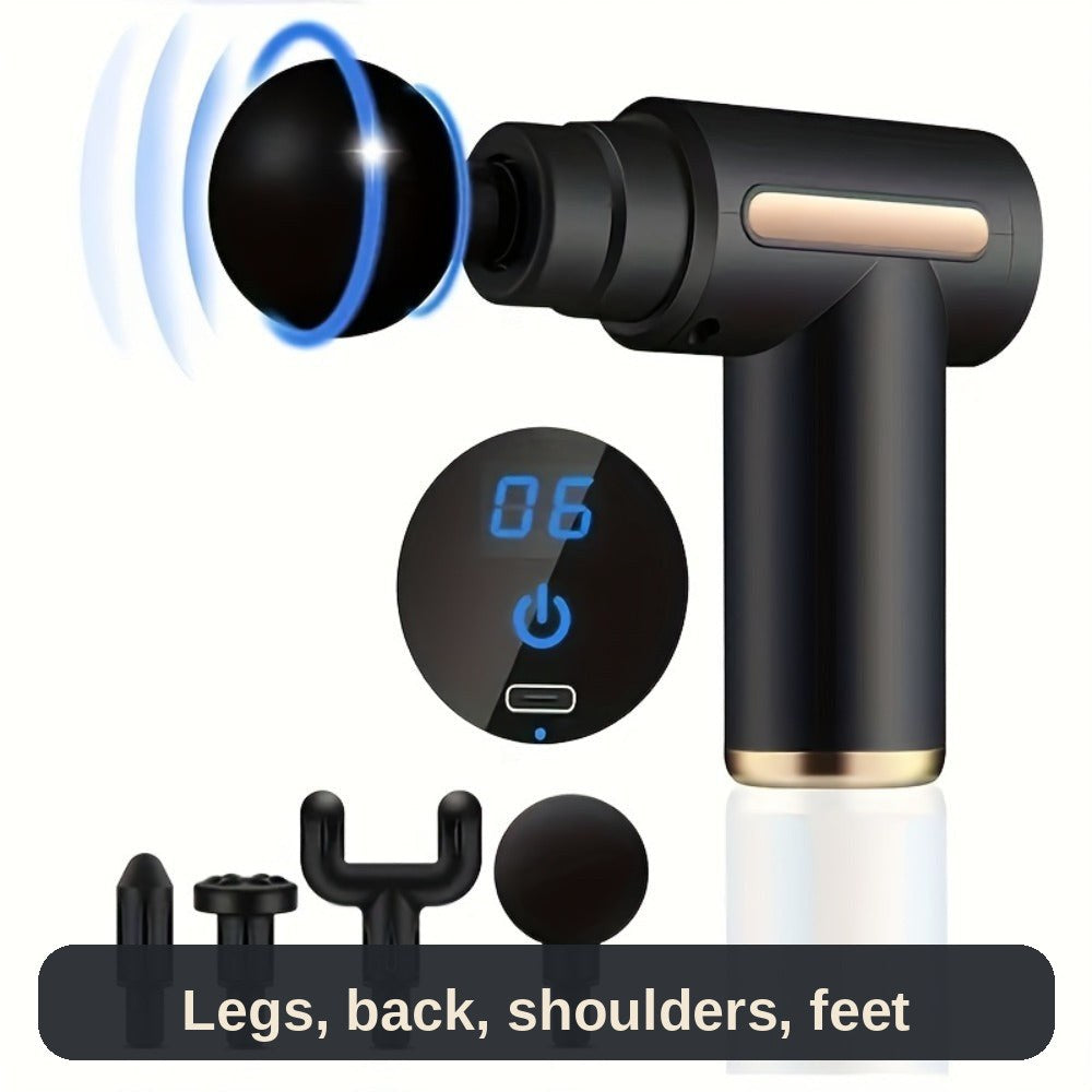The mini massage gun kit laid out - one small tool for legs, back, shoulders and feet.