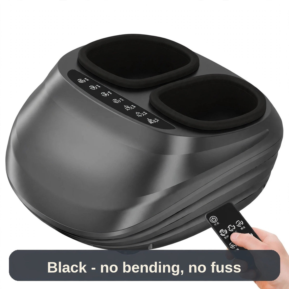 Black foot massager with remote in hand - your end-of-day ritual, no bending, no fuss.