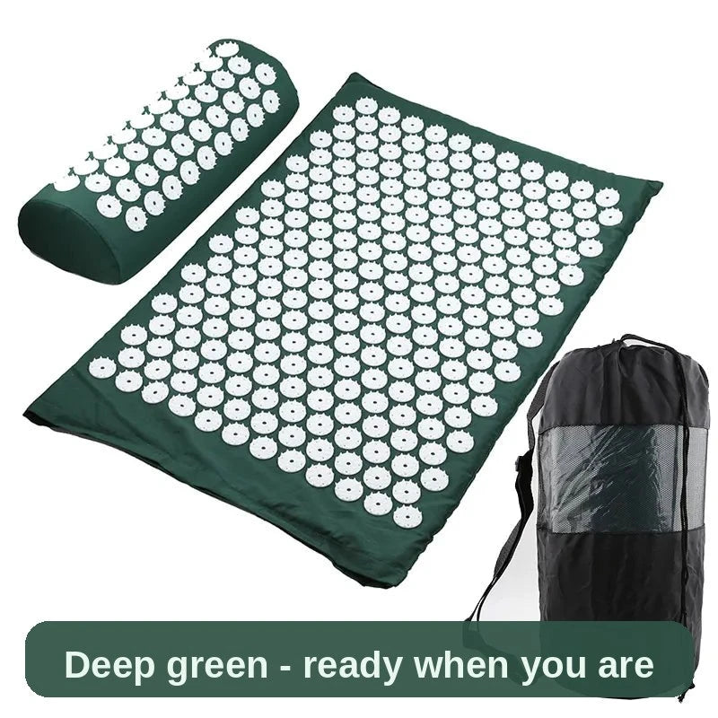 Deep green acupressure set from another angle - mat, pillow and bag, ready when you are.