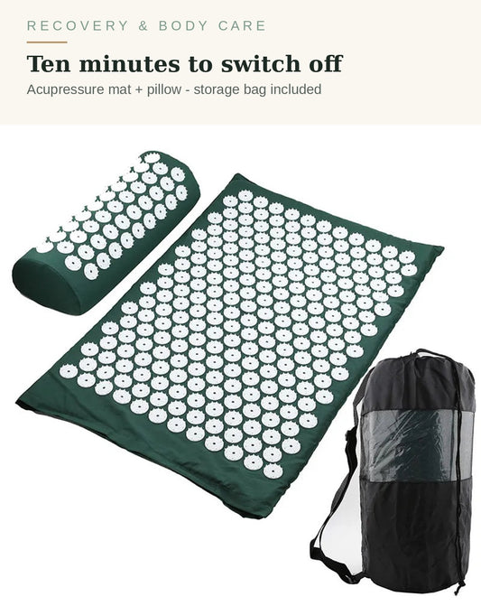 Acupressure mat and pillow set in green for yoga, meditation and wind-down time