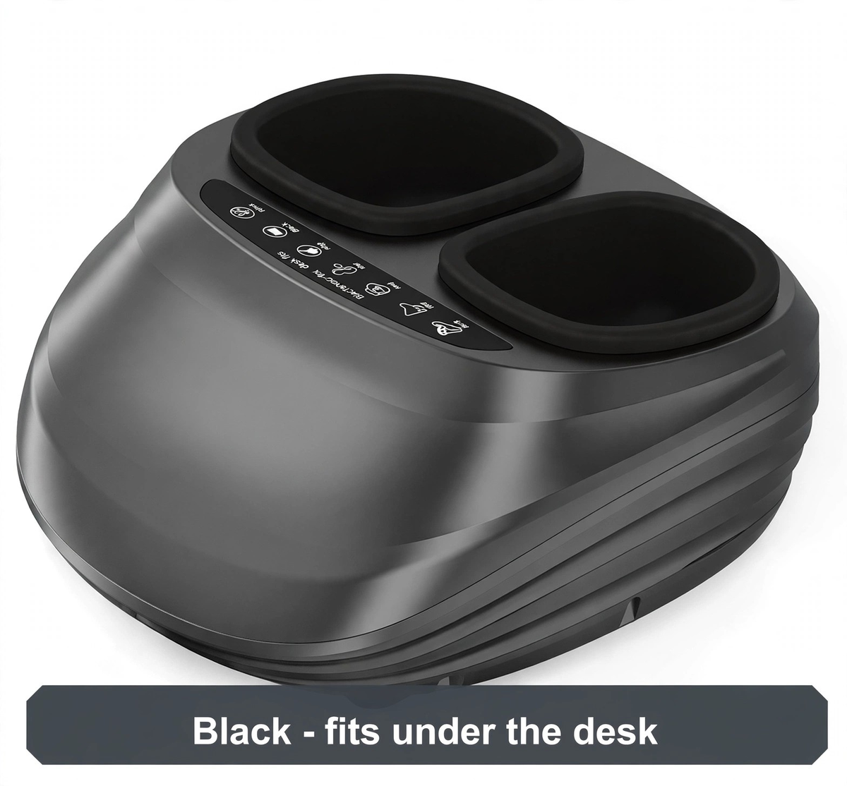 Foot massager in black from the front - compact enough to live under the desk or beside the couch.