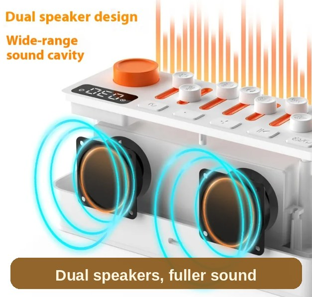 Dual speaker design with a wide-range sound cavity - fuller sound than a phone, right by the bed.
