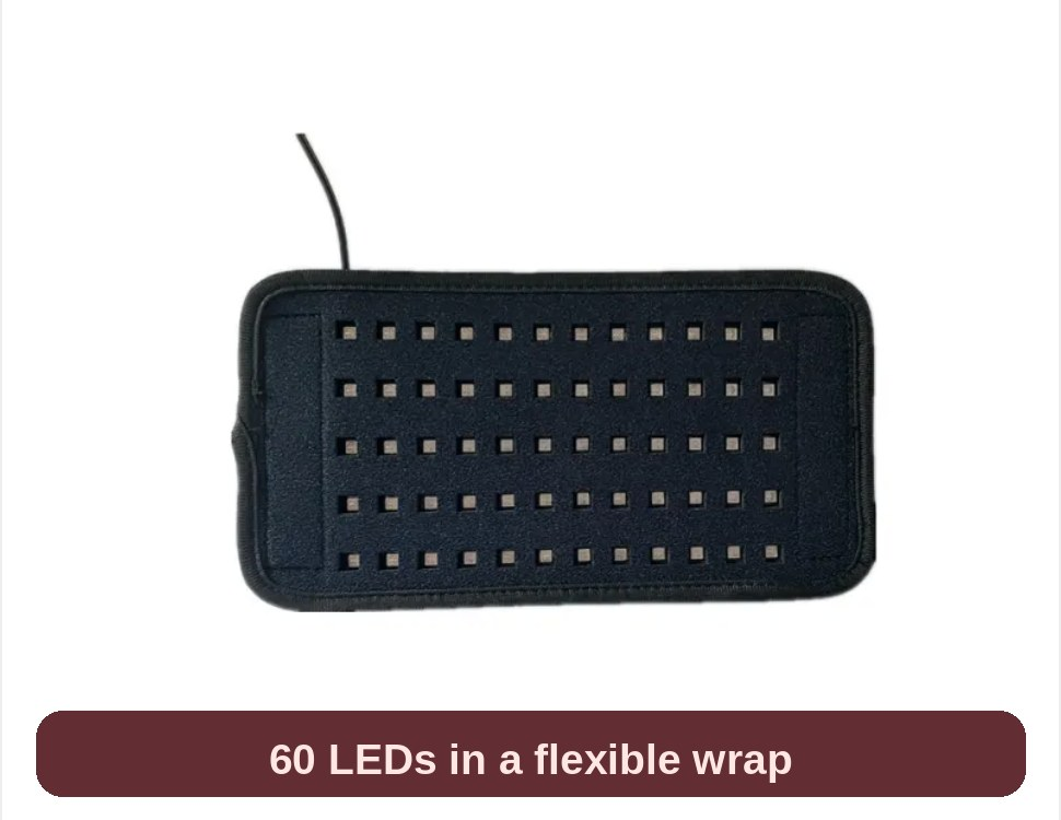 Red light therapy belt pad in black, front view - 60 LEDs in a flexible wrap that goes right where you want it.