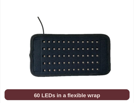 Red light therapy belt pad in black, front view - 60 LEDs in a flexible wrap that goes right where you want it.