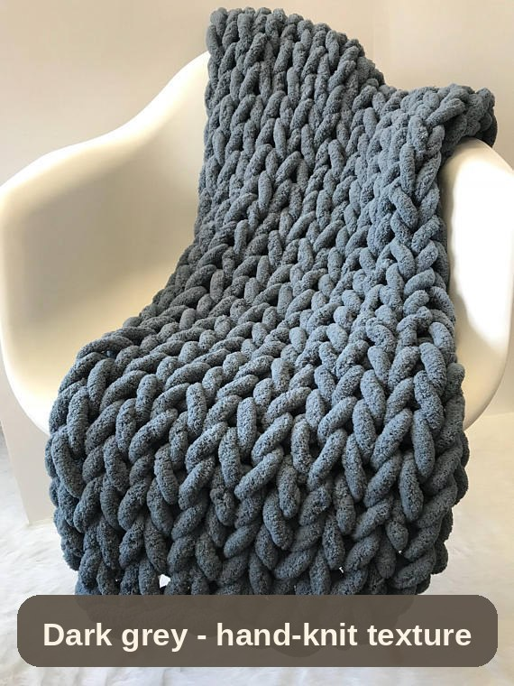 Dark grey chunky-knit blanket, closer view of the hand-knit texture - every loop knitted for even weight.