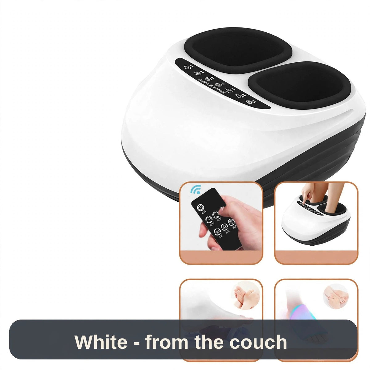 White foot massager with remote and detail insets - everything controlled from the couch.