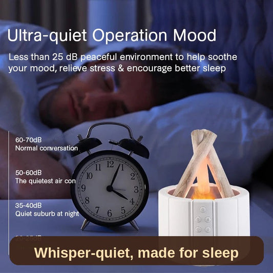 Flame Glow diffuser in white glowing beside an alarm clock at night - whisper-quiet mist that sets a peaceful mood before sleep.