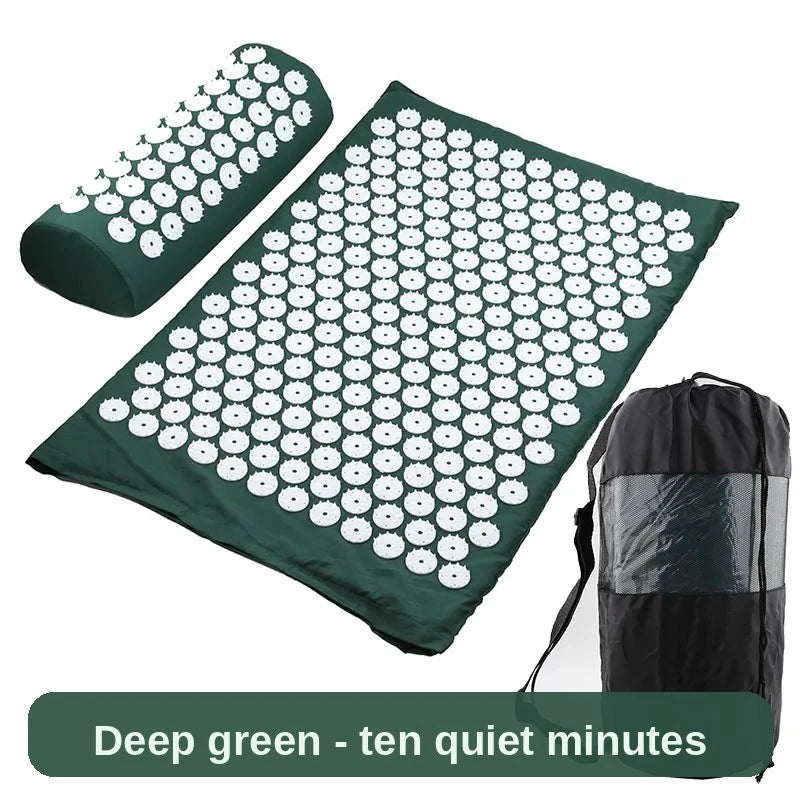 Acupressure Mat and Pillow Set in deep green with carry bag - ten quiet minutes to switch off at the end of the day.