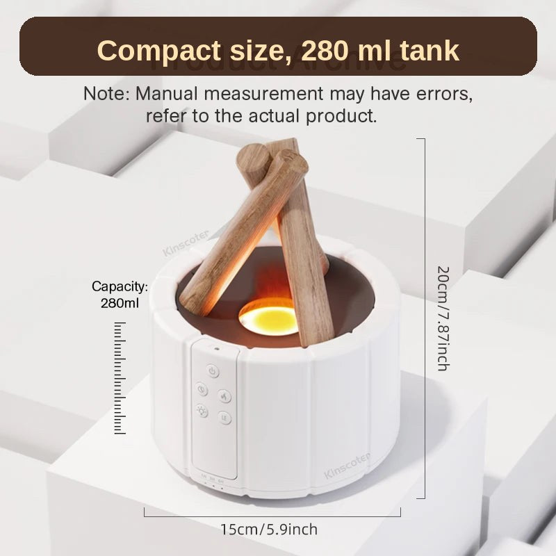 Size guide for the Flame Glow diffuser - about 15 cm wide and 20 cm tall, with a 280 ml water tank.
