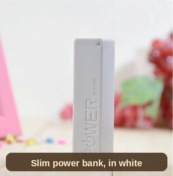 The slim white power bank that runs the lamp cordlessly - small, light and easy to carry.