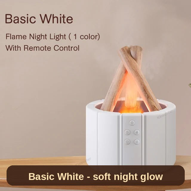 Flame Glow diffuser in white (Basic) with a warm single-colour flame - a soft night-light glow with gentle, quiet mist.
