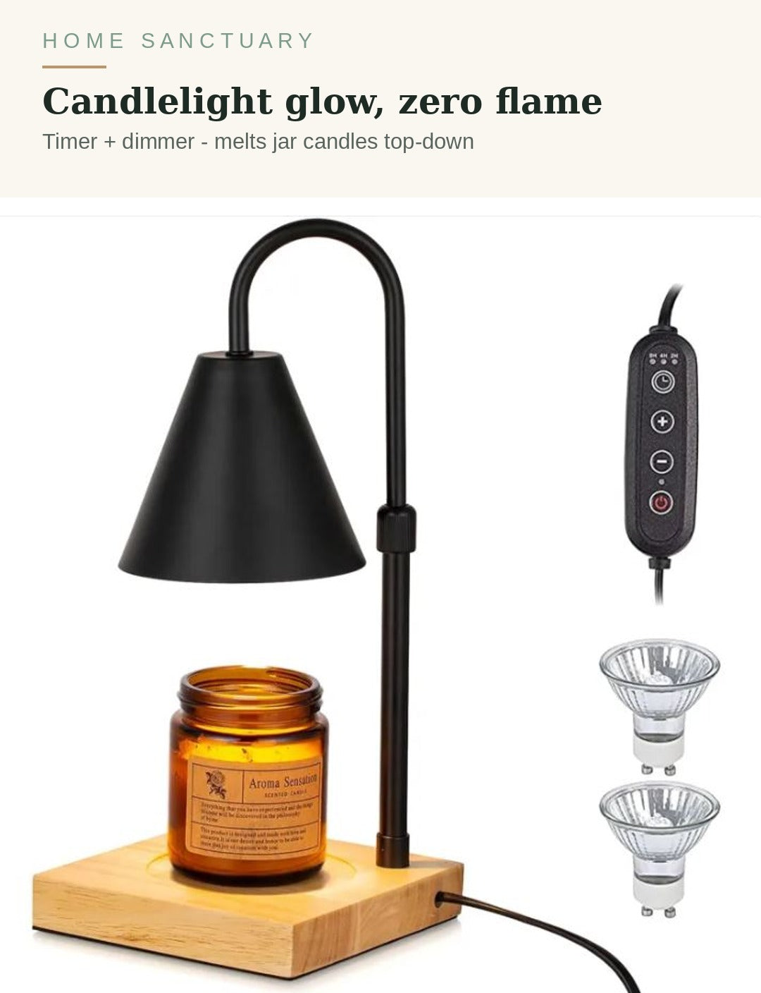 Candle warmer lamp with timer and dimmer on a wood base, flame-free candlelight glow