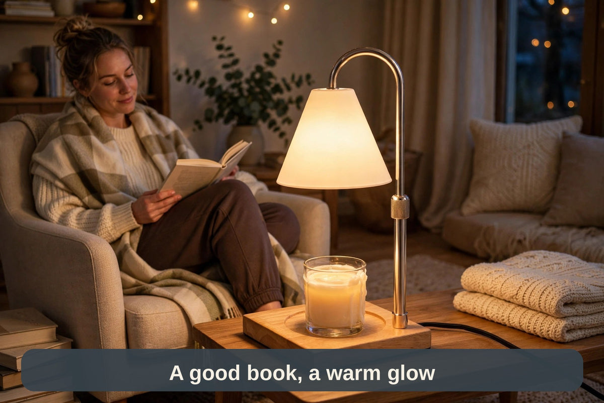 Woman reading in an armchair beside the candle warmer lamp glowing over an unlit candle — a good book, a warm glow