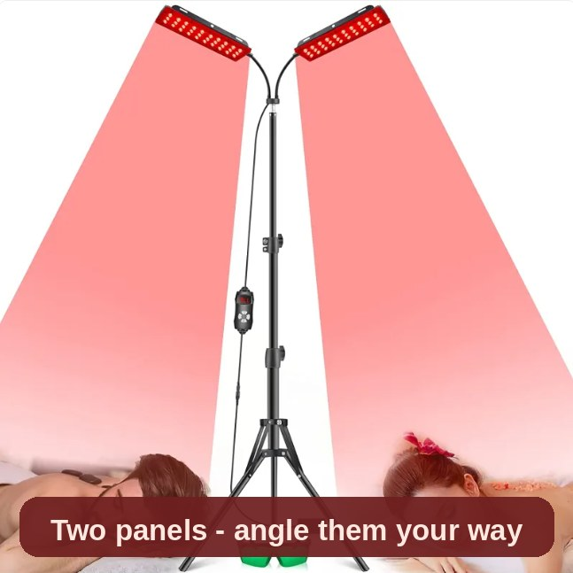 The dual-head red light lamp in use at home - angle both panels exactly where you want the light.
