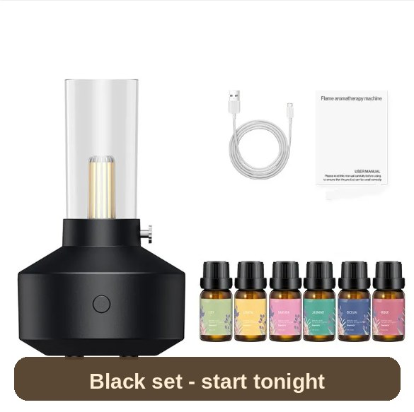 Humidifier Lamp in black, the full set with six essential oils - everything you need to start tonight.