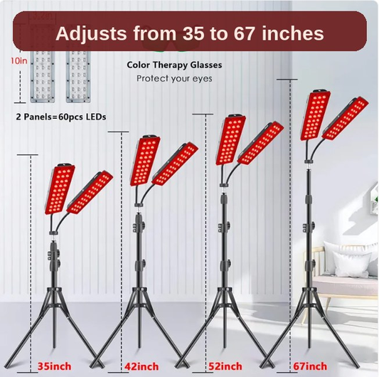 Size guide: the dual-head red light lamp adjusts from about 35 to 67 inches tall, with two 60-LED panels and protective glasses included.