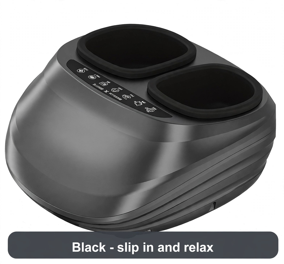 Foot massager in black from another angle - sit down, slip your feet in, and let it work.