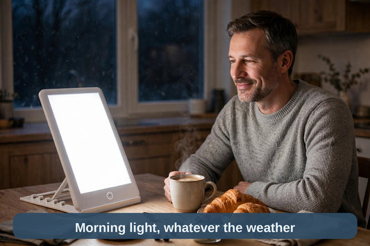 Man having breakfast beside the daylight lamp on a dark winter morning — morning light, whatever the weather