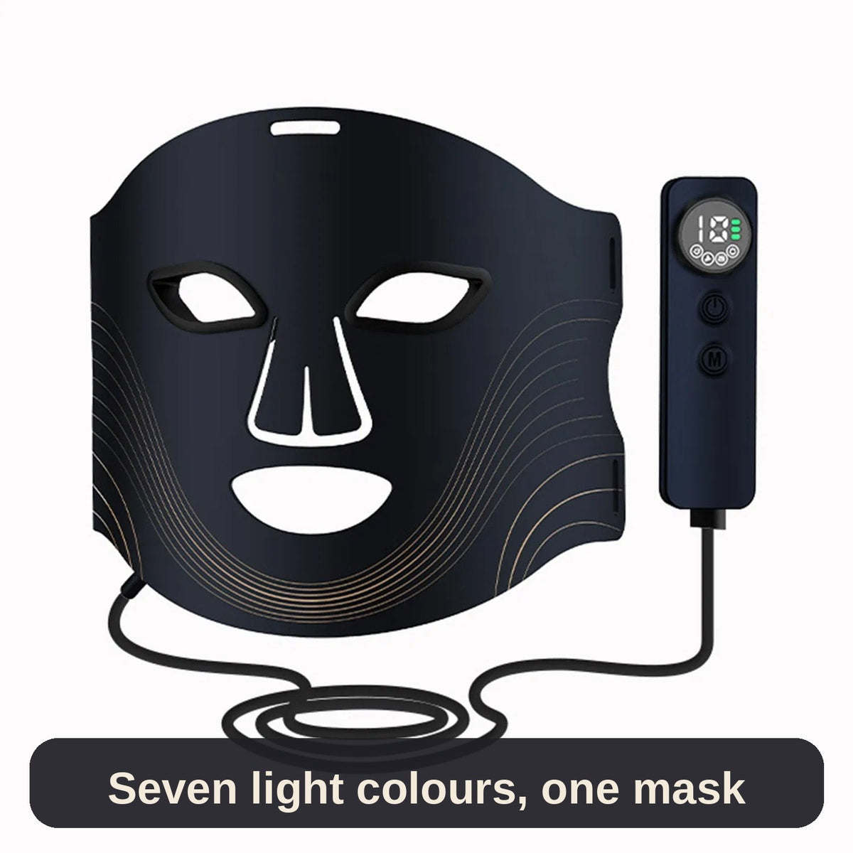 The black LED face mask and controller on a clean background - seven light colours to choose from, one simple remote.