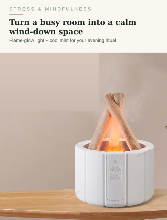 Flame Glow aromatherapy diffuser with warm flame-effect light on a calm evening table
