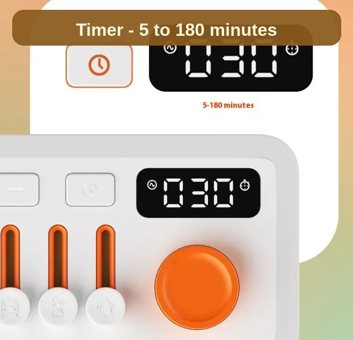 Close-up of the display and timer - set the auto-off anywhere from 5 to 180 minutes and drift off.