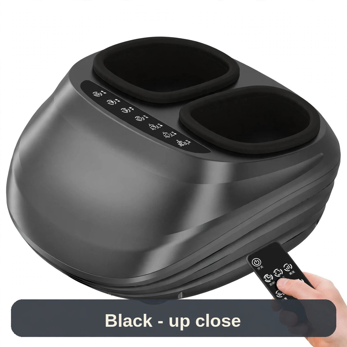 Black foot massager up close with the remote - deep kneading at the touch of a button.