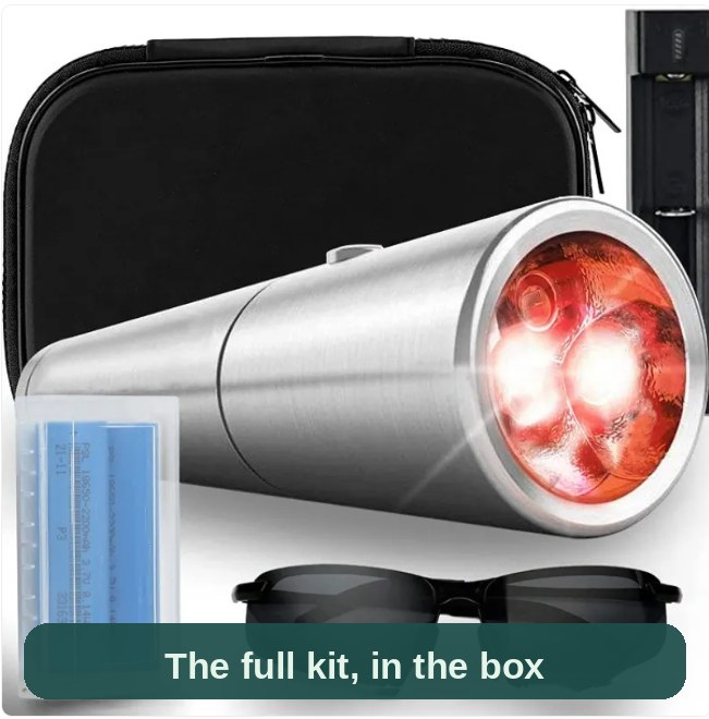 The full kit: red light pen glowing, carry case, protective glasses and cleaning wipes - everything in the box.