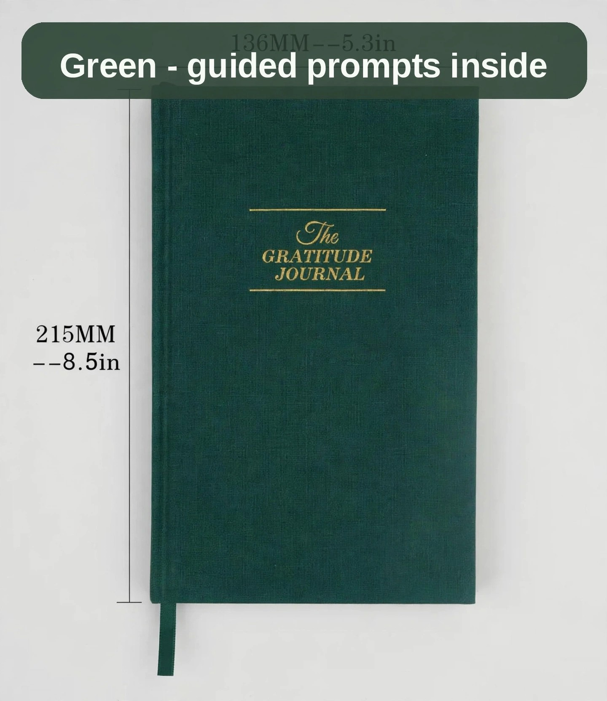 Green Gratitude Journal with a gold title - guided prompts inside, a keepsake outside.