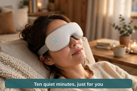 Woman reclining on a sofa wearing the Bluetooth Eye Massager, relaxed — ten quiet minutes, just for you
