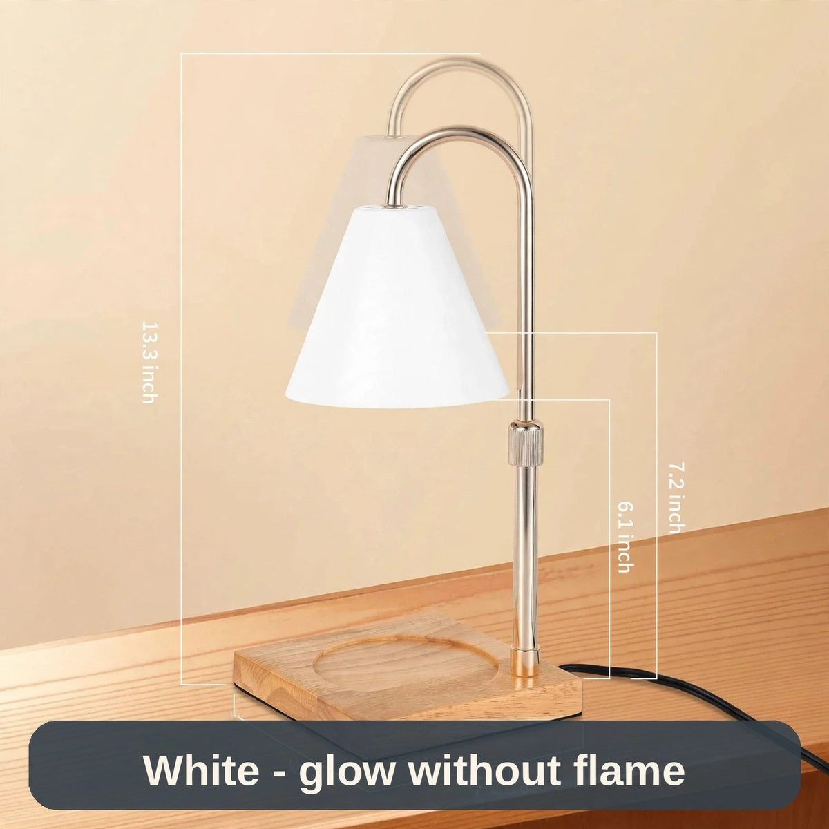 Candle Warmer Lamp in white with a natural wood base - all the candlelight glow, with zero flame and zero smoke.