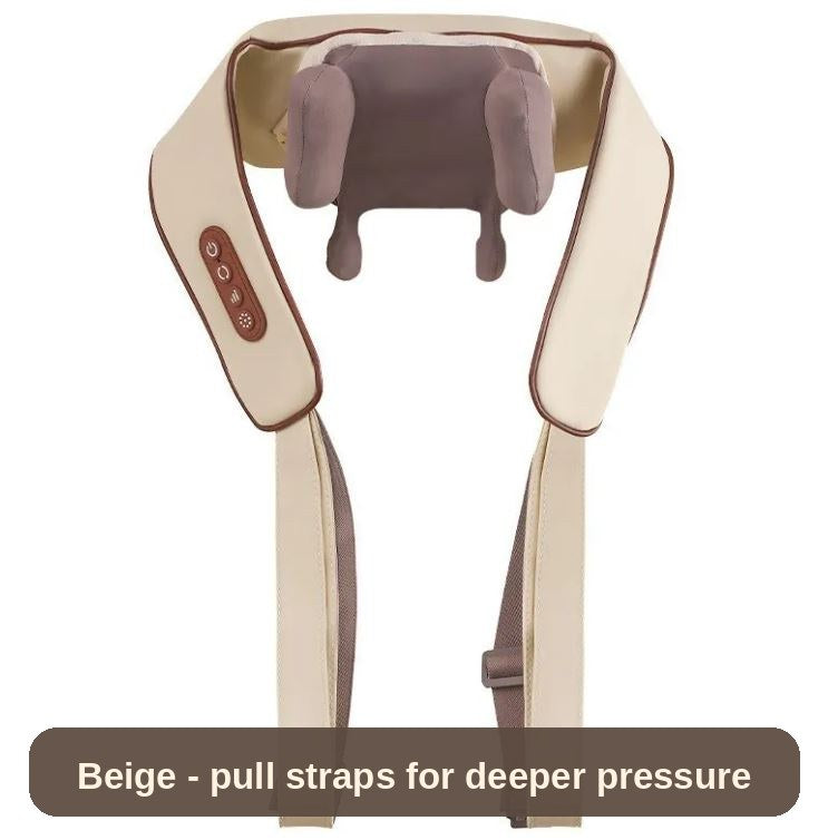 Neck and shoulder massager in beige, front view showing the kneading nodes and arm straps - pull gently for a deeper massage.