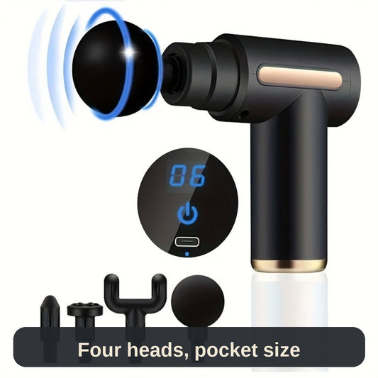 Mini massage gun in black with its four interchangeable heads and digital speed display - big recovery, pocket size.