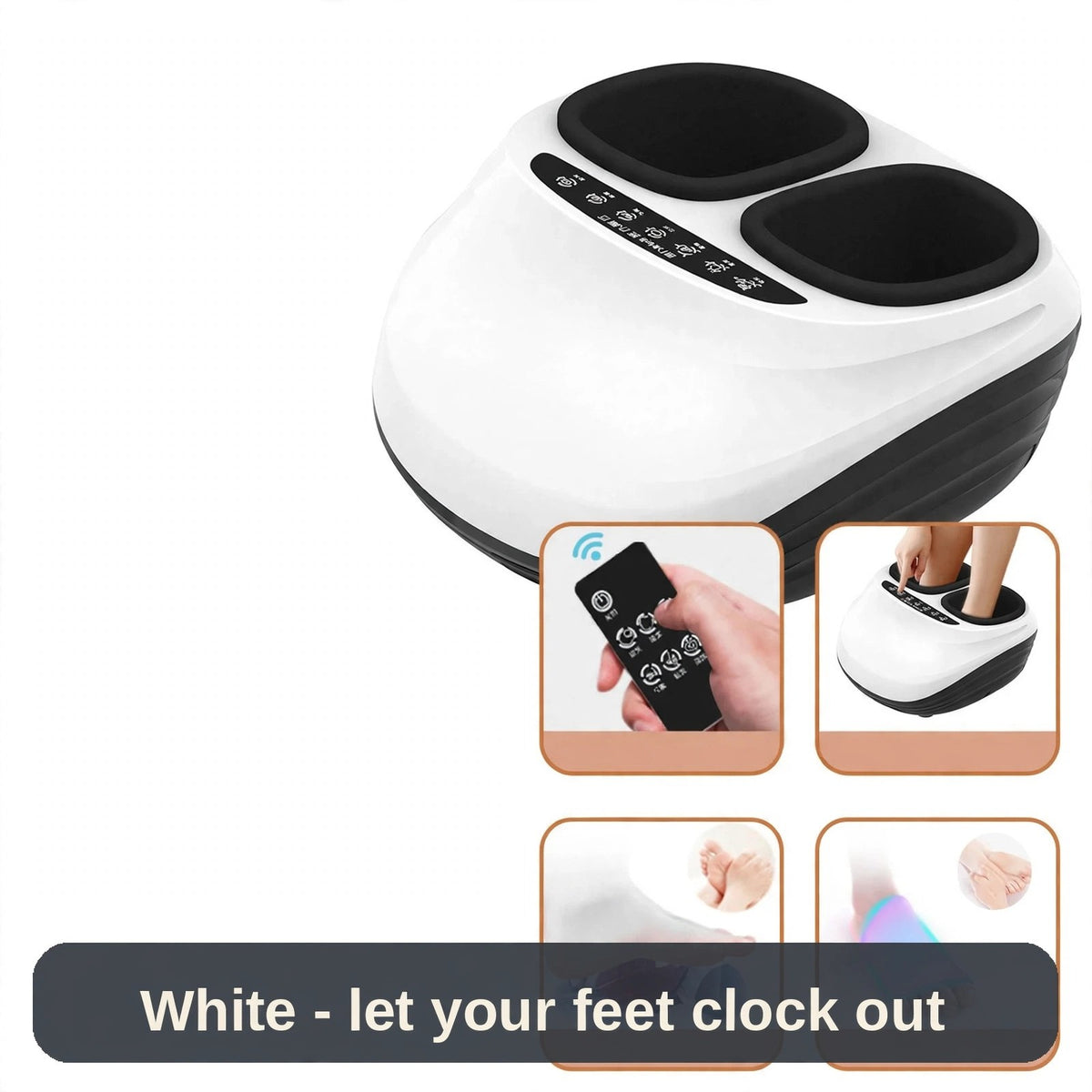 White foot massager complete with remote and in-use insets - sit back and let your feet clock out.