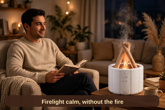 Man reading beside the flame glow diffuser in the evening — firelight calm, without the fire