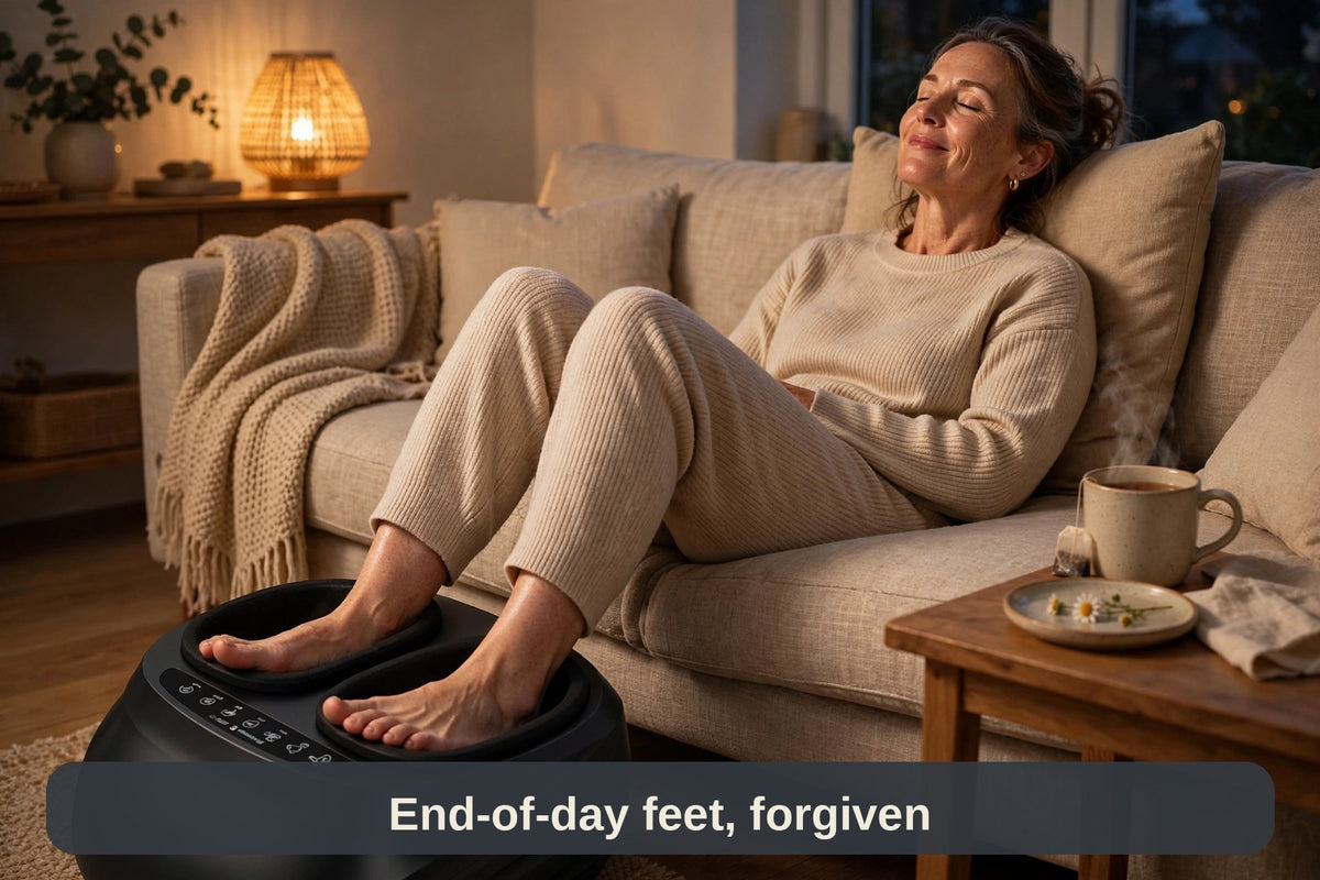 Woman relaxing on the sofa with her feet in the shiatsu foot massager — end-of-day feet, forgiven