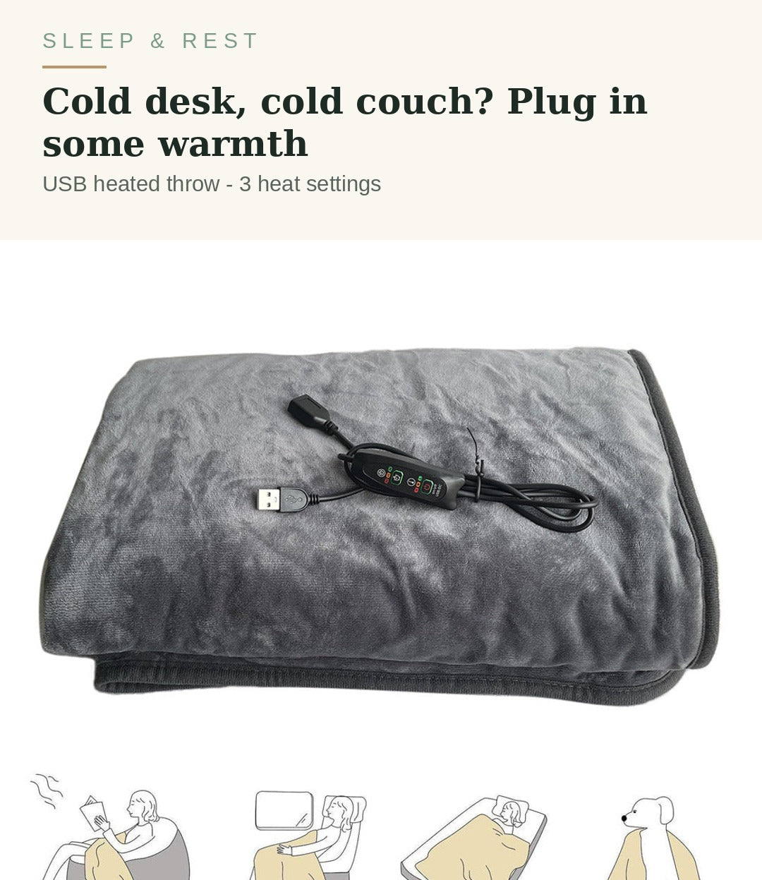 Grey USB heated blanket folded with its controller - plug in some warmth