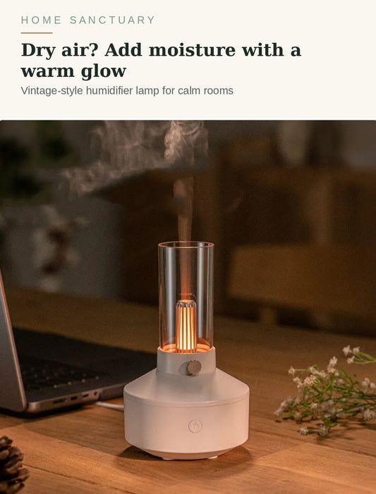 Humidifier lamp with warm glow adding moisture to dry bedroom air