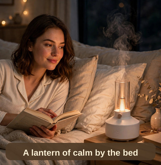 Woman reading in bed beside the humidifier lamp glowing with gentle mist — a lantern of calm by the bed