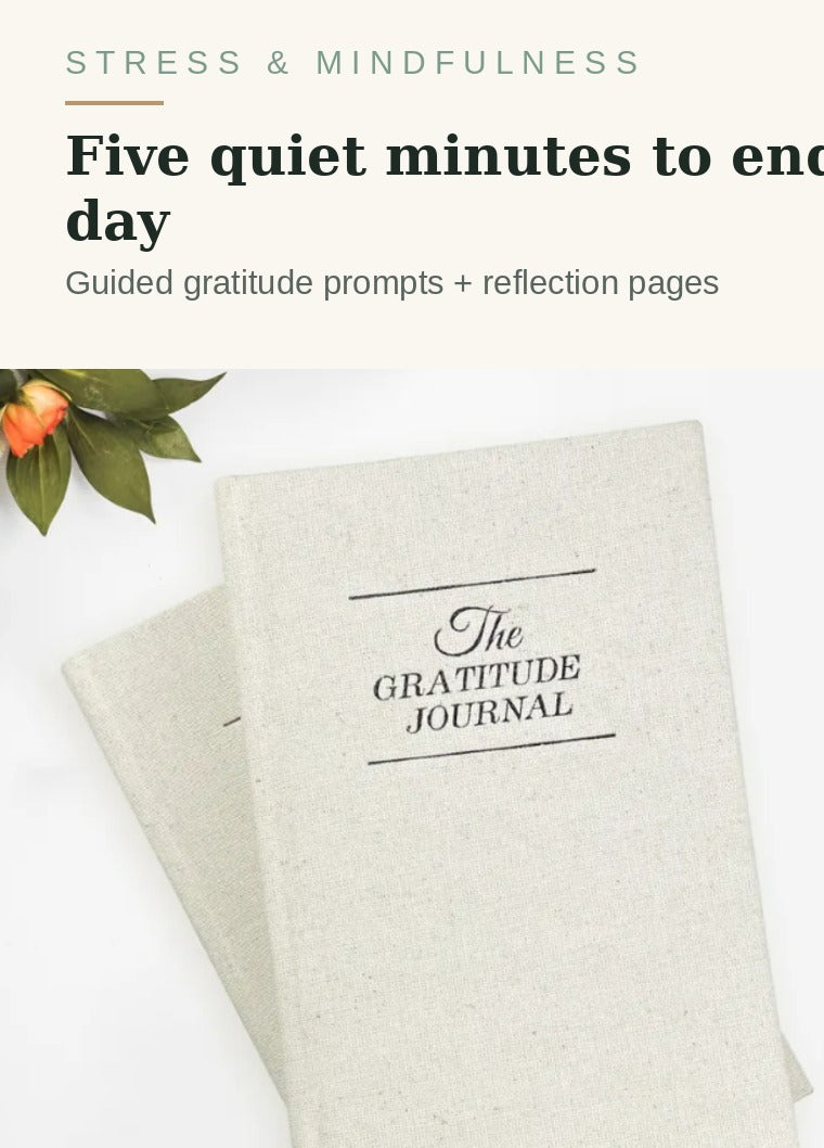 The Gratitude Journal in white linen finish with flowers - five quiet minutes to end the day