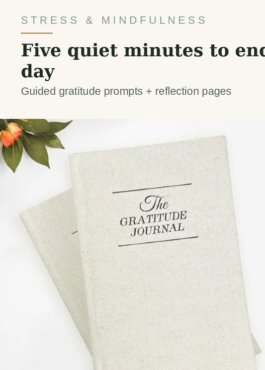The Gratitude Journal in white linen finish with flowers - five quiet minutes to end the day