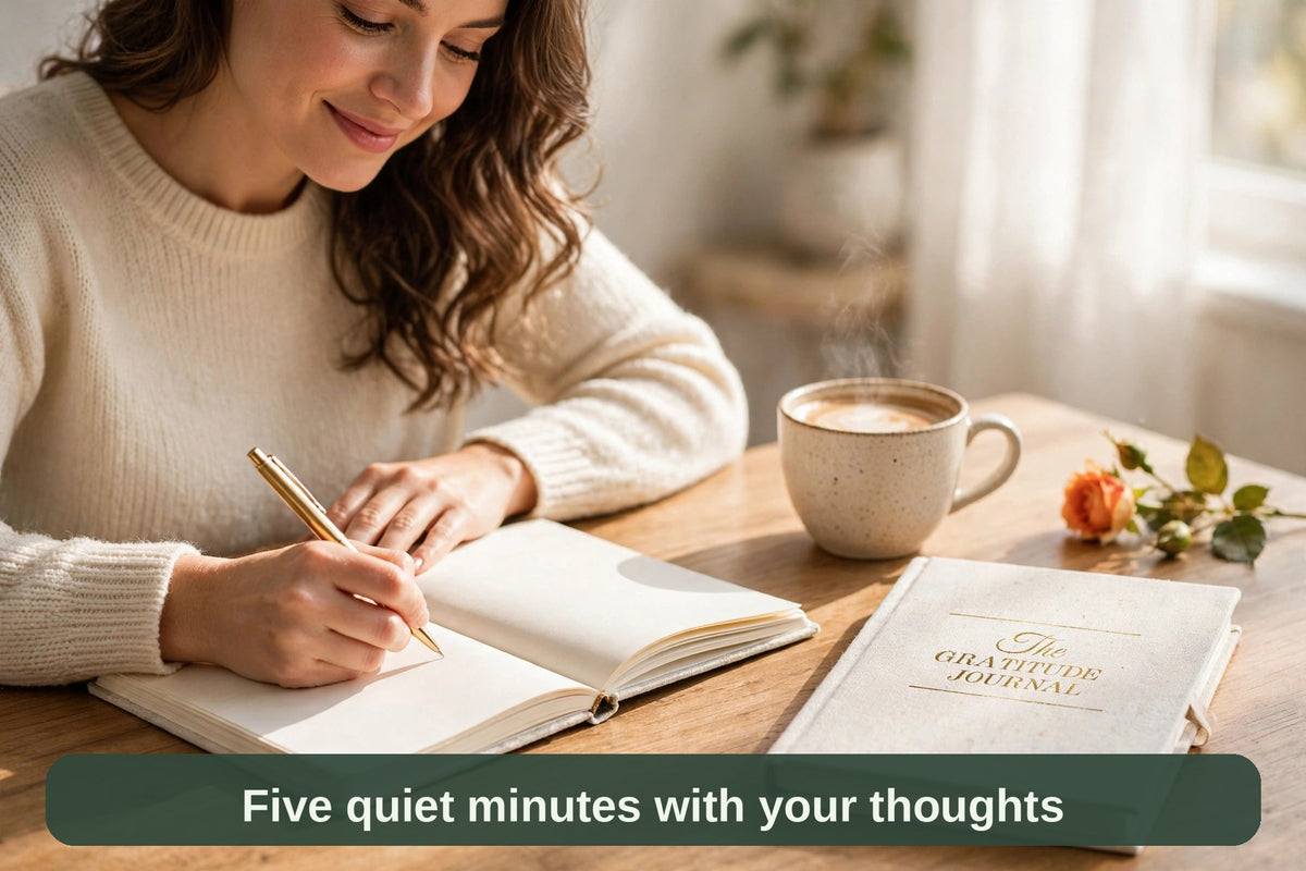 Woman writing in The Gratitude Journal at a sunny desk with coffee — five quiet minutes with your thoughts