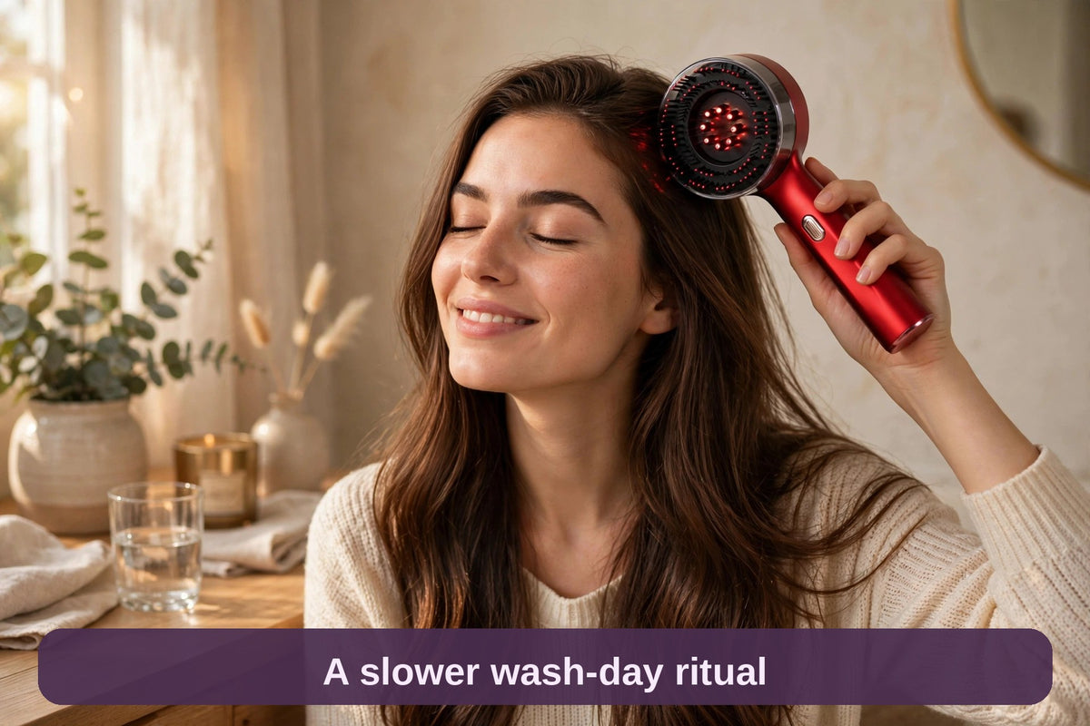 A woman with long hair smiling as she runs the red scalp massager comb through her hair at her vanity — a slower wash-day ritual