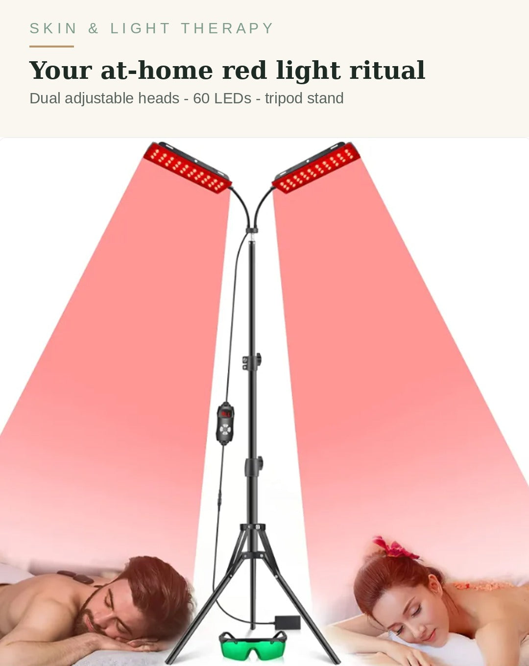 Dual-head red light therapy lamp on an adjustable tripod at home