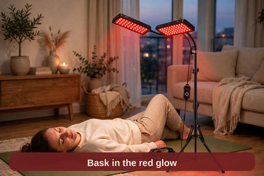 Woman relaxing on a yoga mat under the twin-panel red light lamp — bask in the red glow