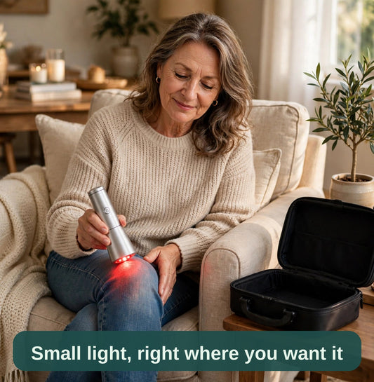 Woman holding the red light pen to her knee at home, carry case beside her — small light, right where you want it