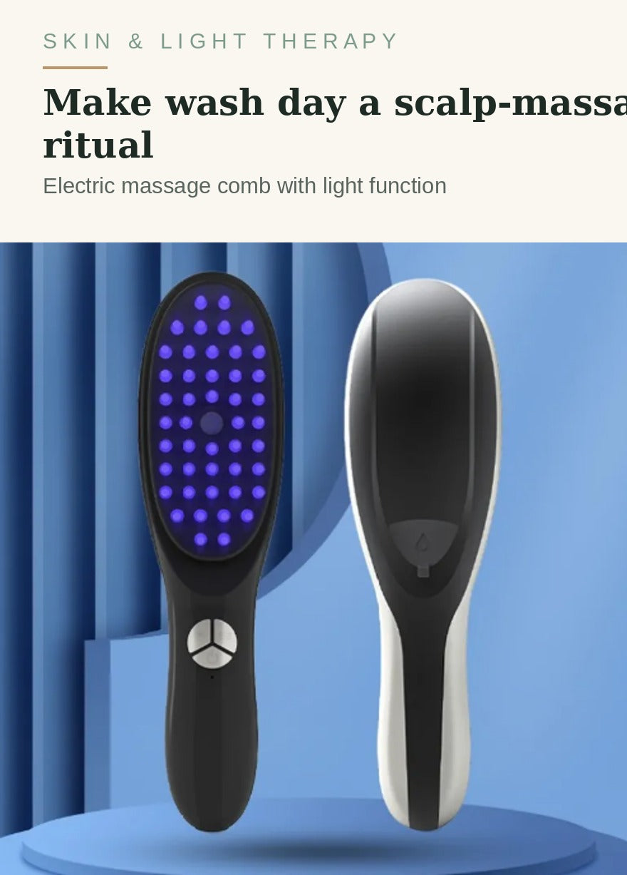 Electric scalp massager comb, front and back, for a calmer hair-care ritual