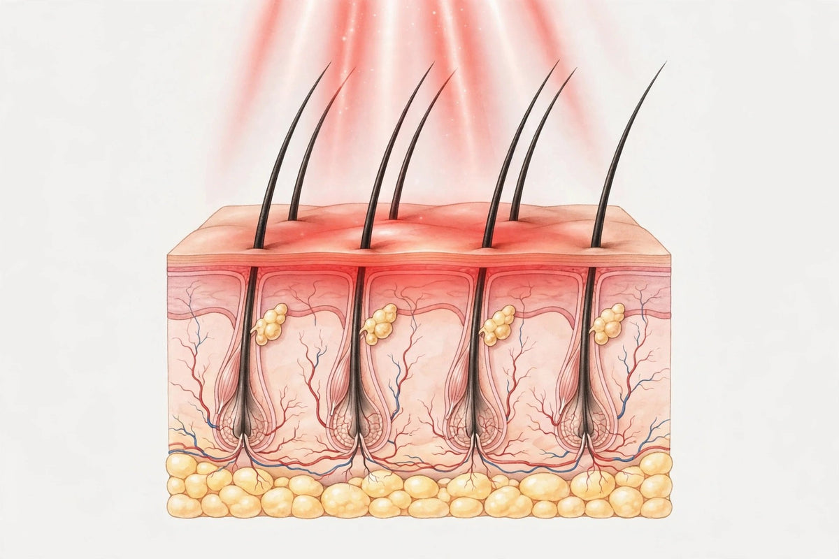 Illustration of a scalp cross-section: hair strands, follicles and fine vessels beneath the skin, with red light shining down from above