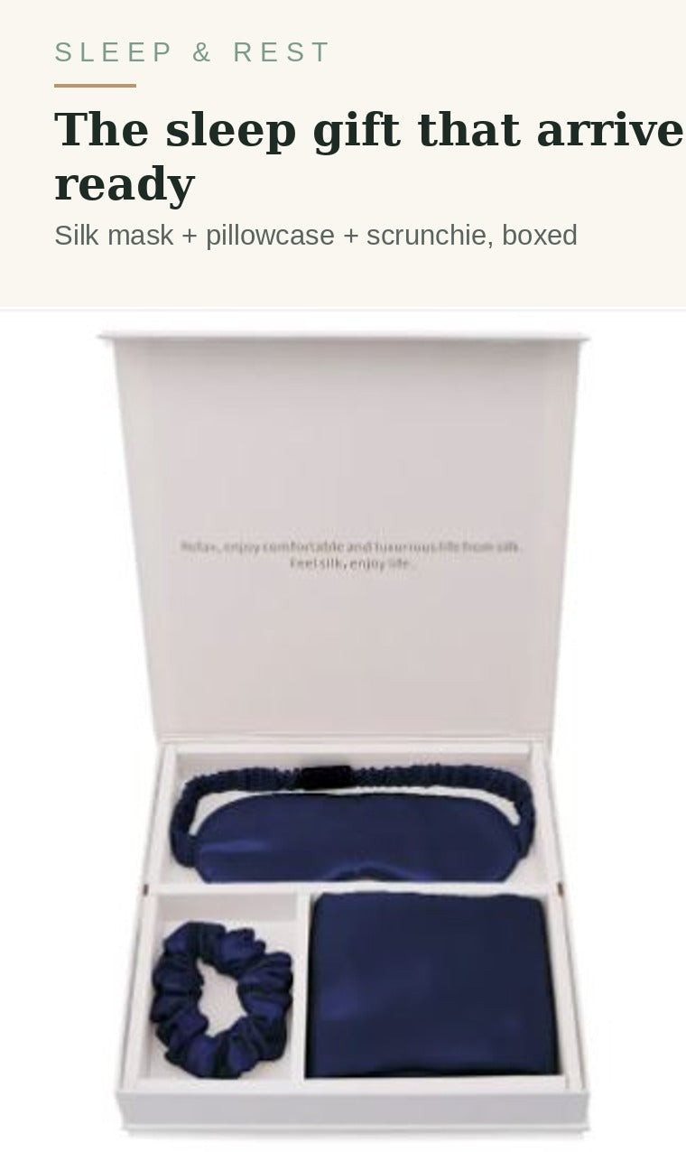 Luxury silk sleep gift set in navy - eye mask, pillowcase and scrunchie in a gift box